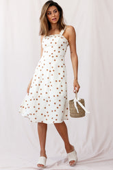 Magdalene Frill Strap A-Line Midi Dress Polka Dot Print Beige